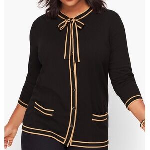Talbots Cardigan Sweater Womens XL Black Tan Bow Neck Button Front Dark Academia